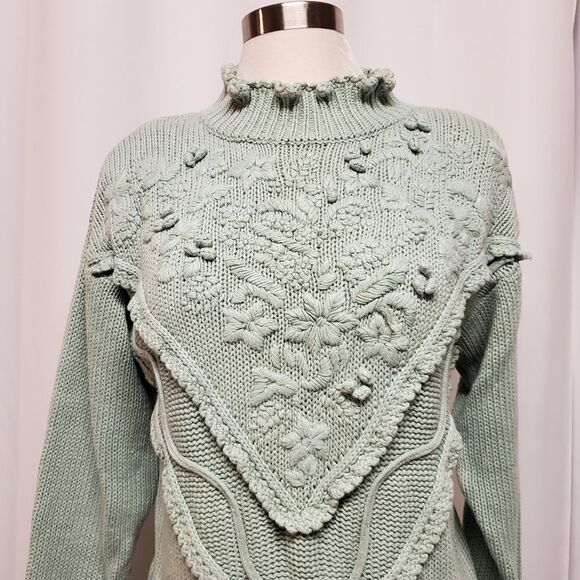 Vintage 80s Retro 90s y2k Knit Mint Green Korean Kawaii Dainty Floral Sweater Md - Picture 2 of 8